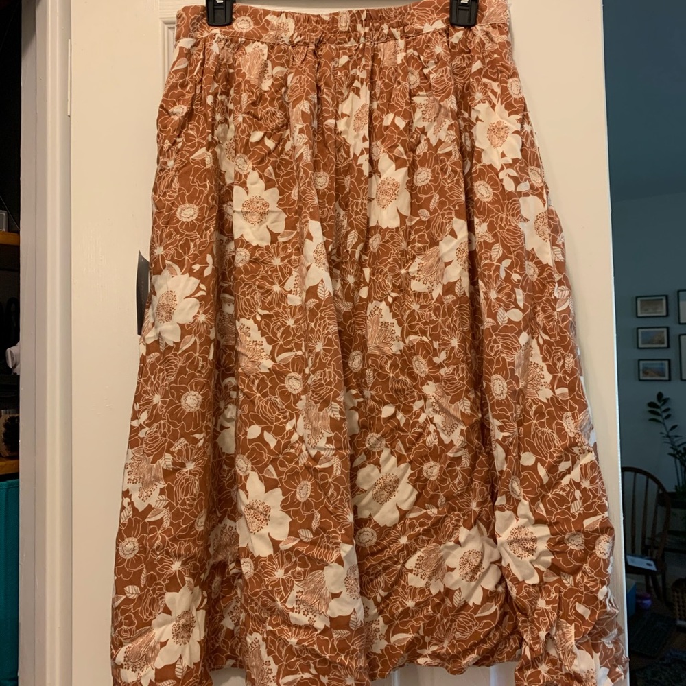 ModCloth Tan Floral Midi Skirt, size L